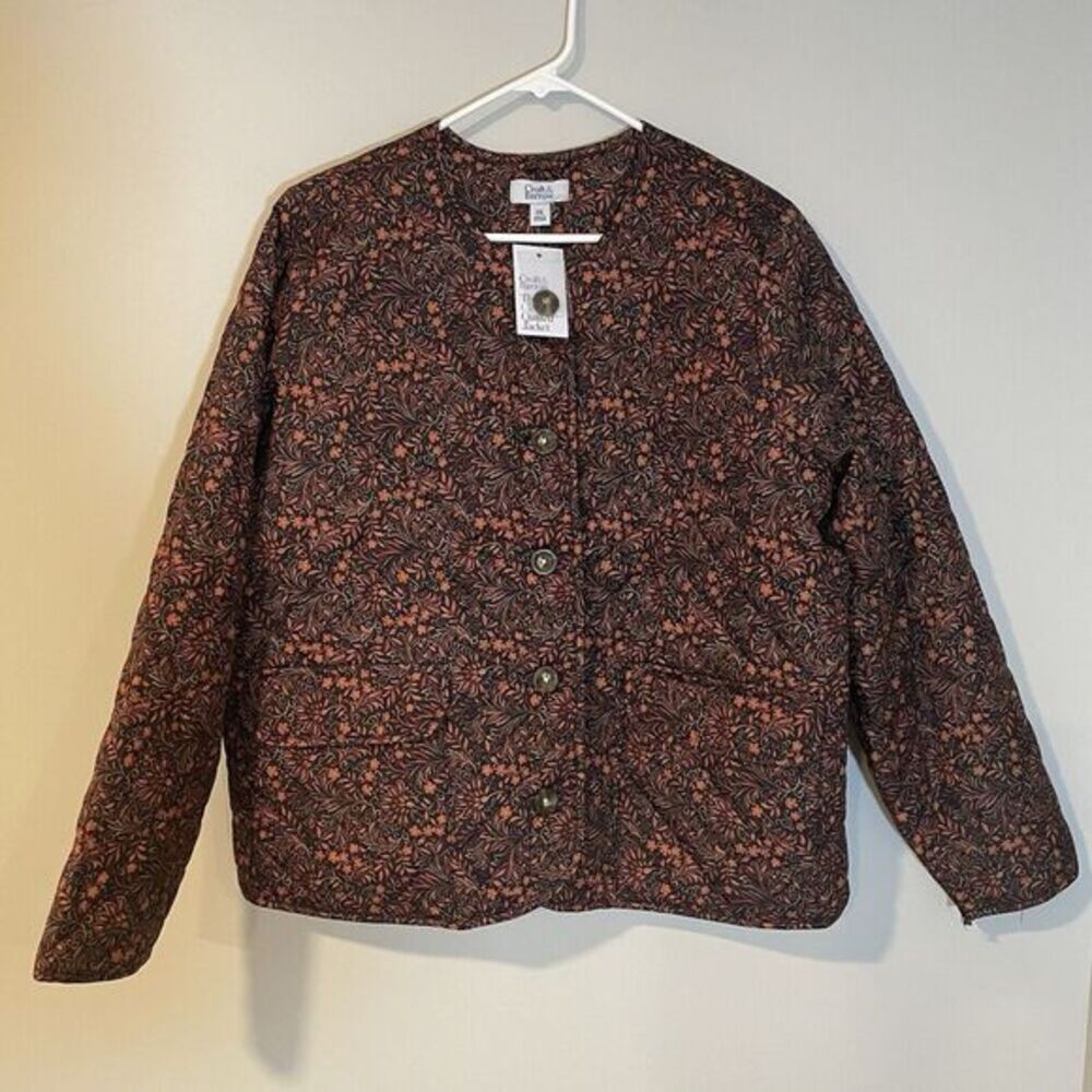 Floral Quilted Jacket Women's Autumn Colors‎ Orange Brown Button Jacket XXL NWT